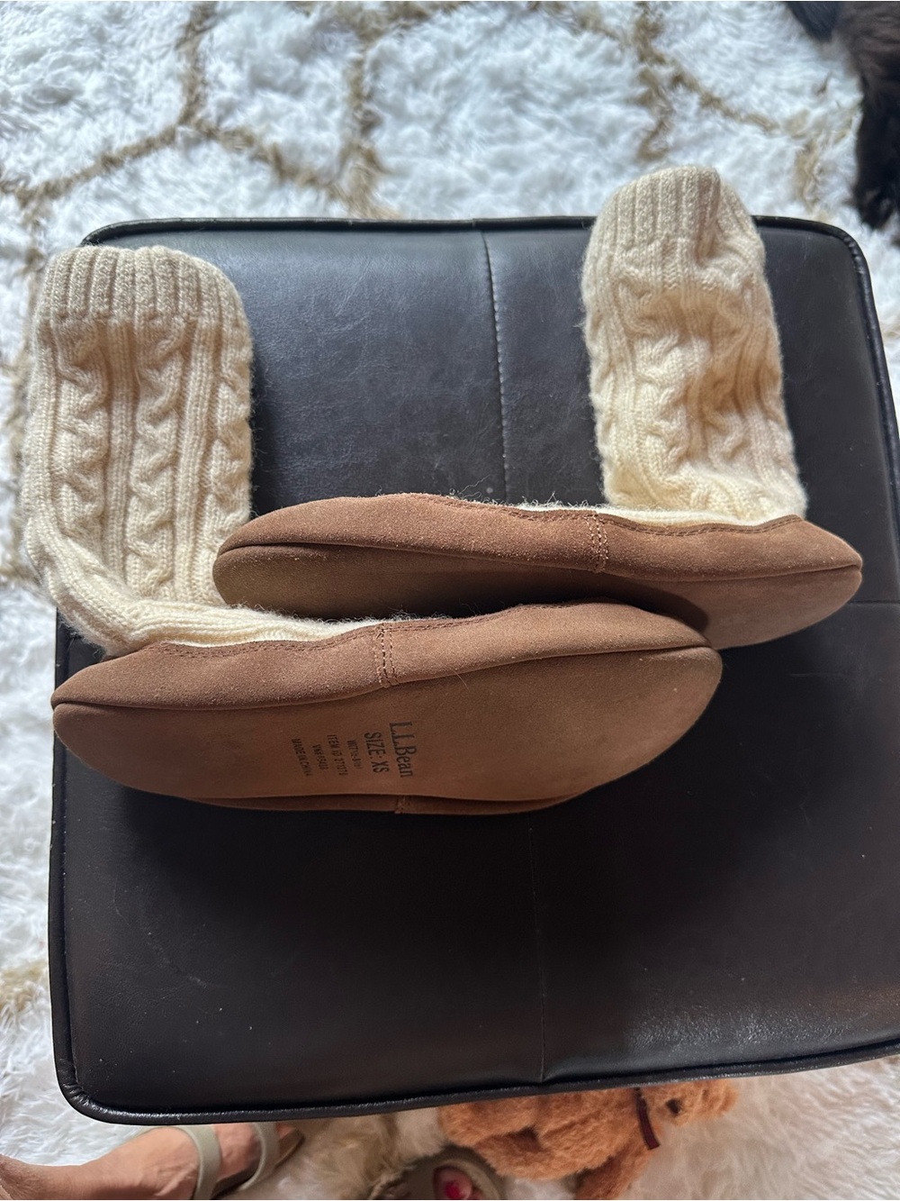 L.L. Bean Cream Cable-Knit Women’s Slipper Socks with Brown Suede Sole - Picture 2 of 6